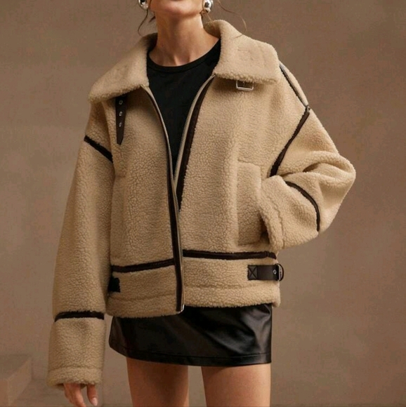 Casual Plus Fleece Thick Patchwork Zipper Front Loose Swing Jacket, Winter - Picture 1 of 4